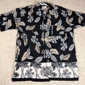 Vintage 90's M.E. Sport Men's Hawaiian Shirt Large Black Floral Excellent Cond